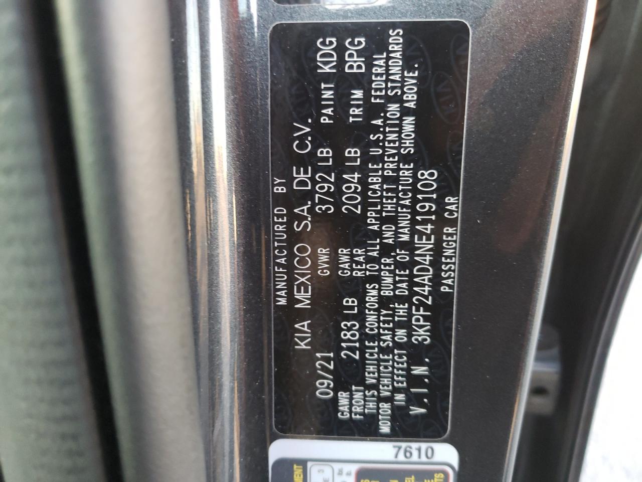 2022 KIA FORTE FE VIN:3KPF24AD4NE419108