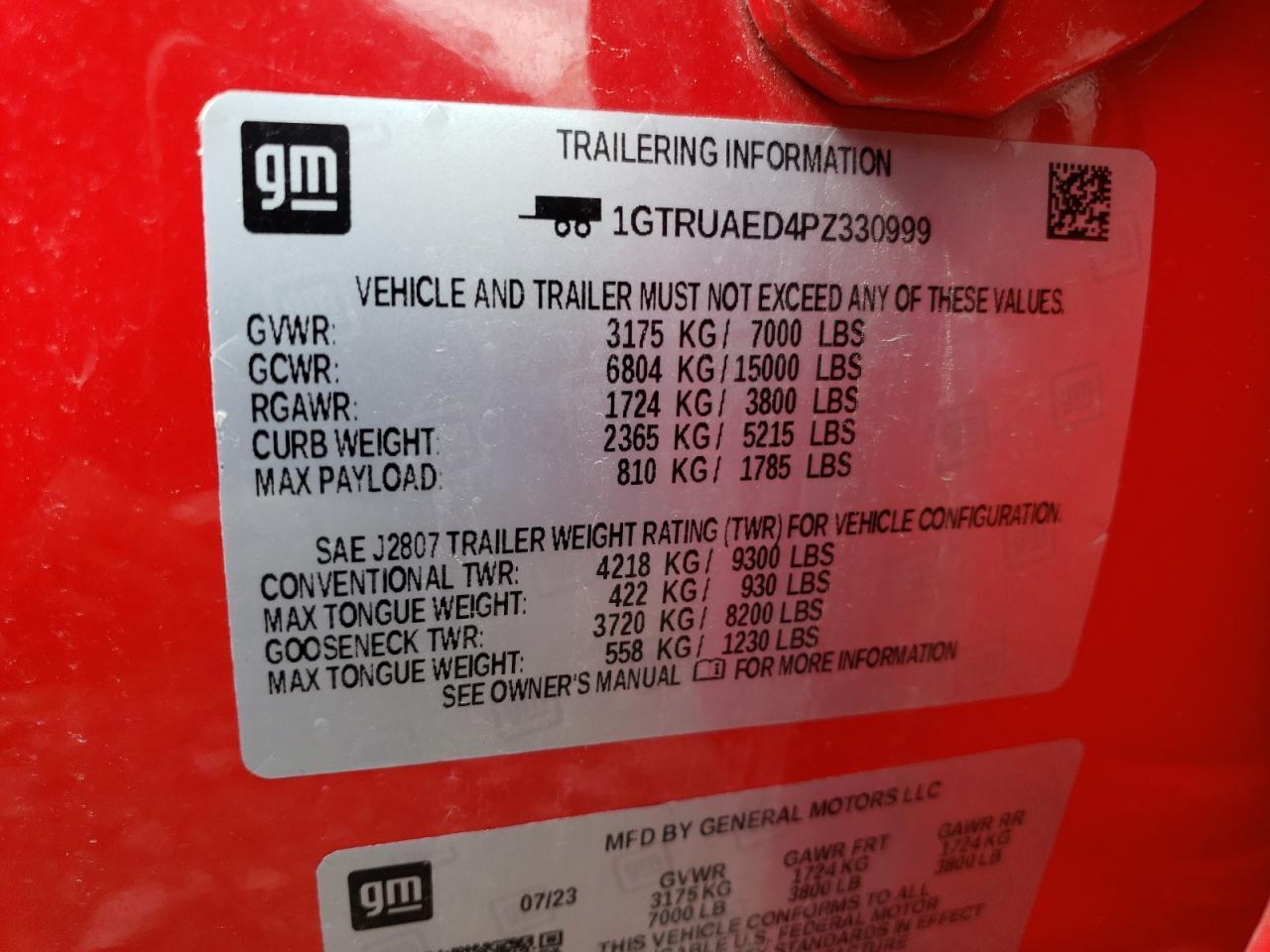 2023 GMC SIERRA K1500 VIN:1GTRUAED4PZ330999