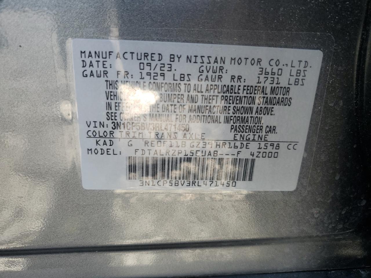 2024 NISSAN KICKS S VIN:3N1CP5BV3RL471450