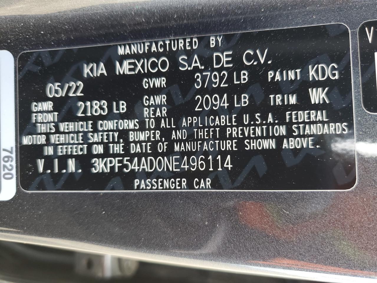2022 KIA FORTE GT LINE VIN:3KPF54AD0NE496114