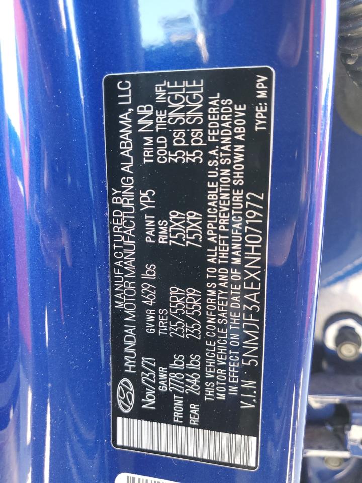 2022 HYUNDAI TUCSON SEL VIN:5NMJF3AEXNH071972