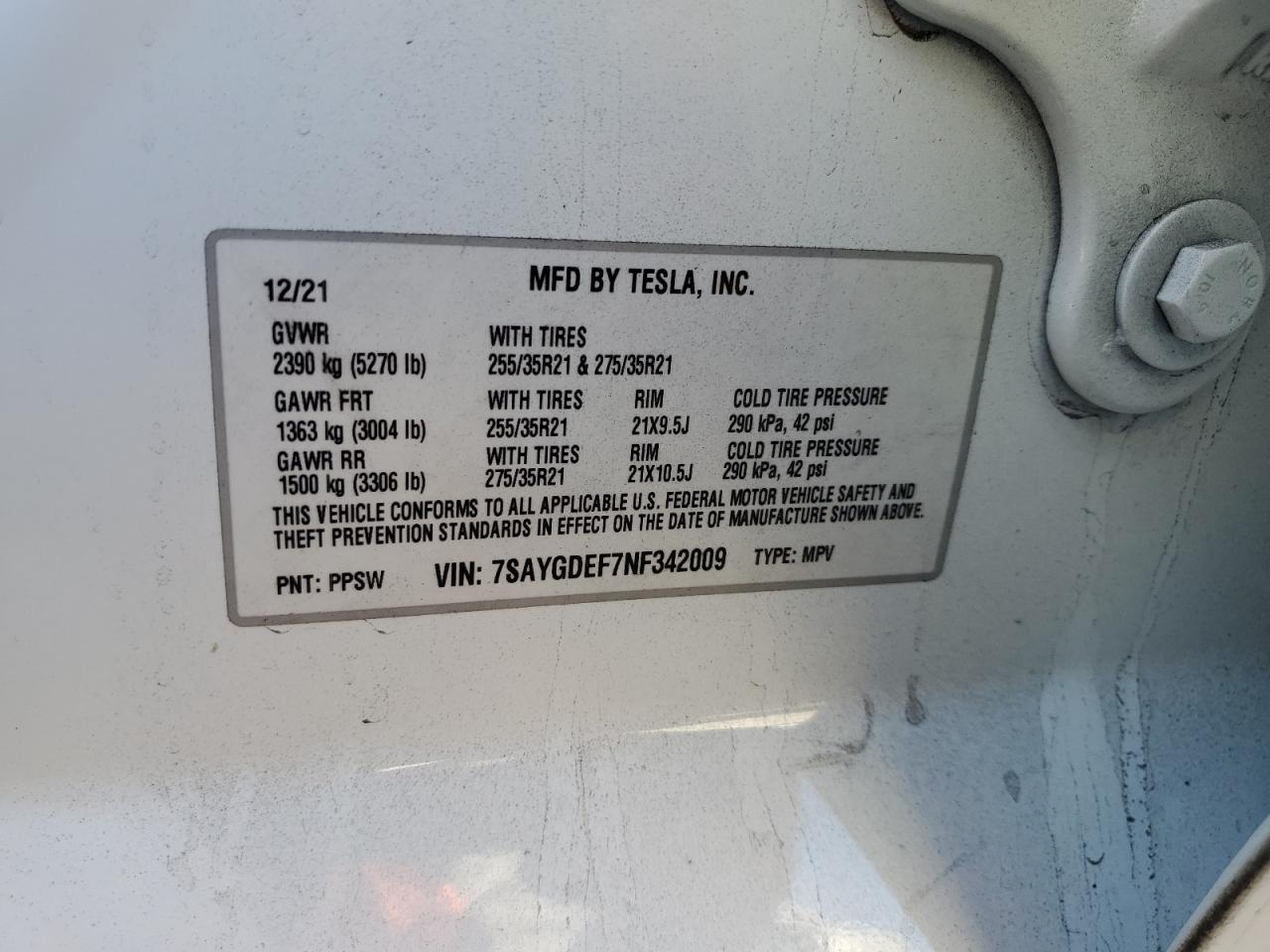 2022 TESLA MODEL Y  VIN:7SAYGDEF7NF342009