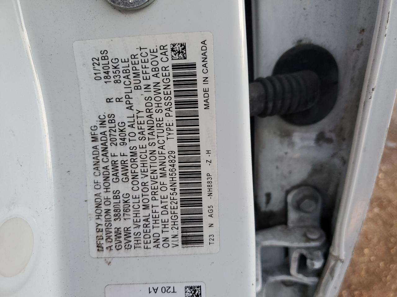 2022 HONDA CIVIC SPORT VIN:2HGFE2F54NH564829