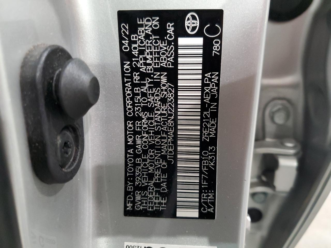 2022 TOYOTA COROLLA LE VIN:JTDEPMAE8NJ223827