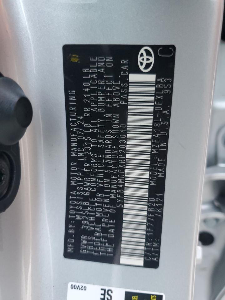 2024 TOYOTA COROLLA LE VIN:5YFB4MDEXRP203040
