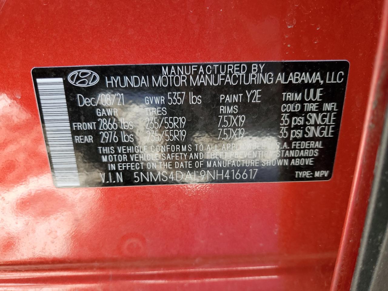 2022 HYUNDAI SANTA FE LIMITED VIN:5NMS4DAL9NH416617
