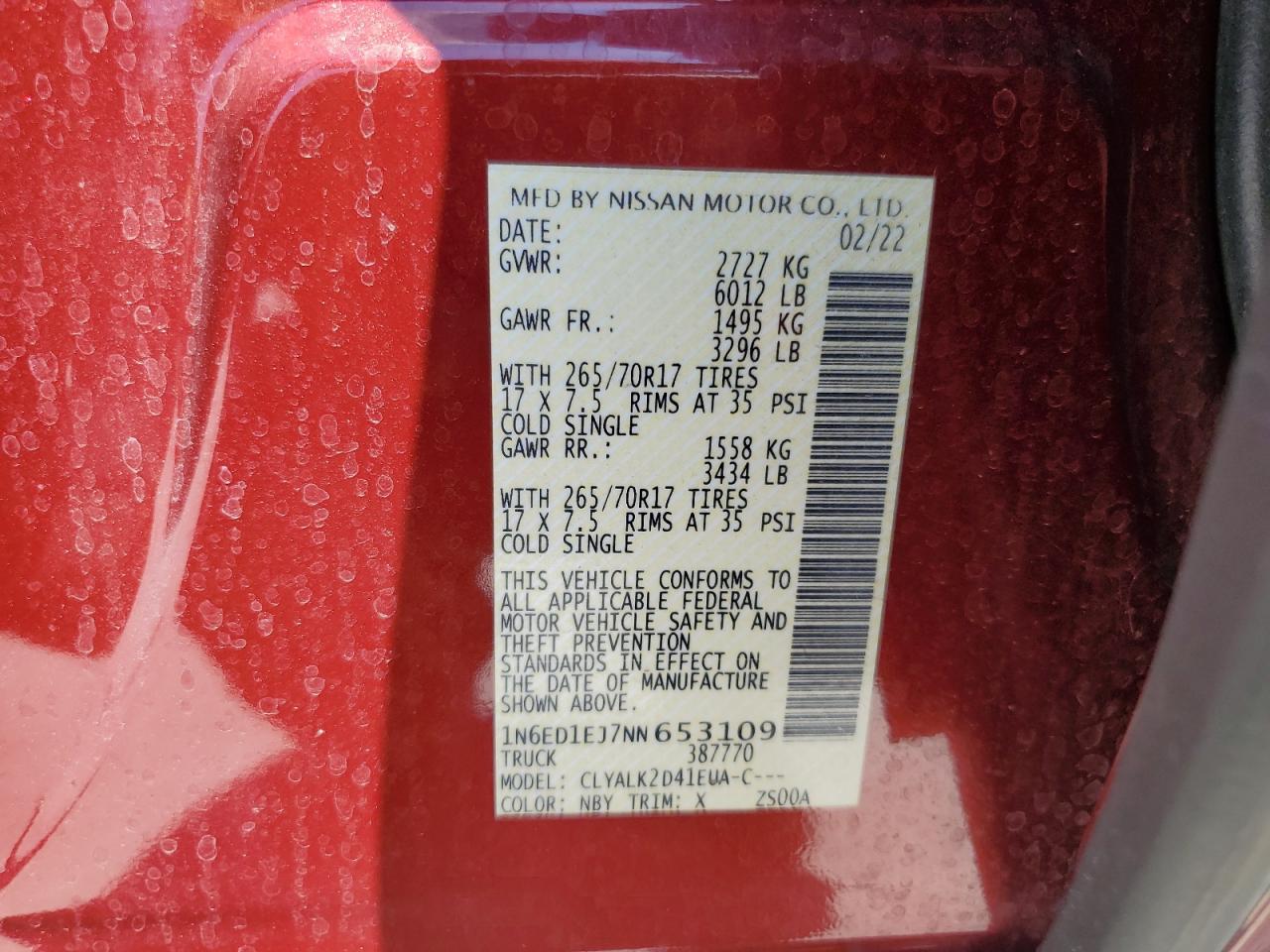 2022 NISSAN FRONTIER S VIN:1N6ED1EJ7NN653109