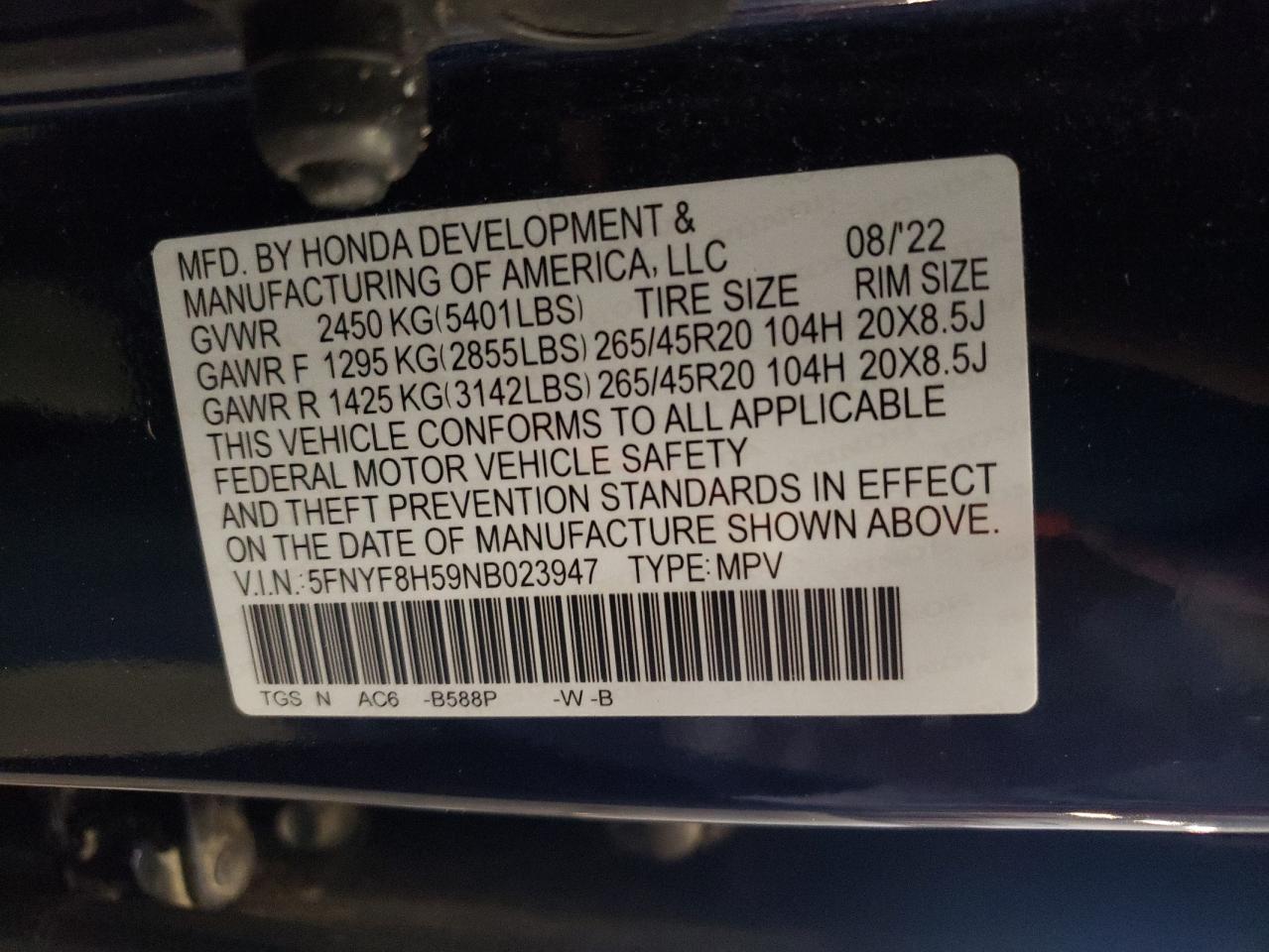 2022 HONDA PASSPORT EXL VIN:5FNYF8H59NB023947