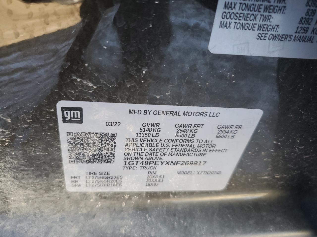 2022 GMC SIERRA K2500 AT4 VIN:1GT49PEYXNF269917