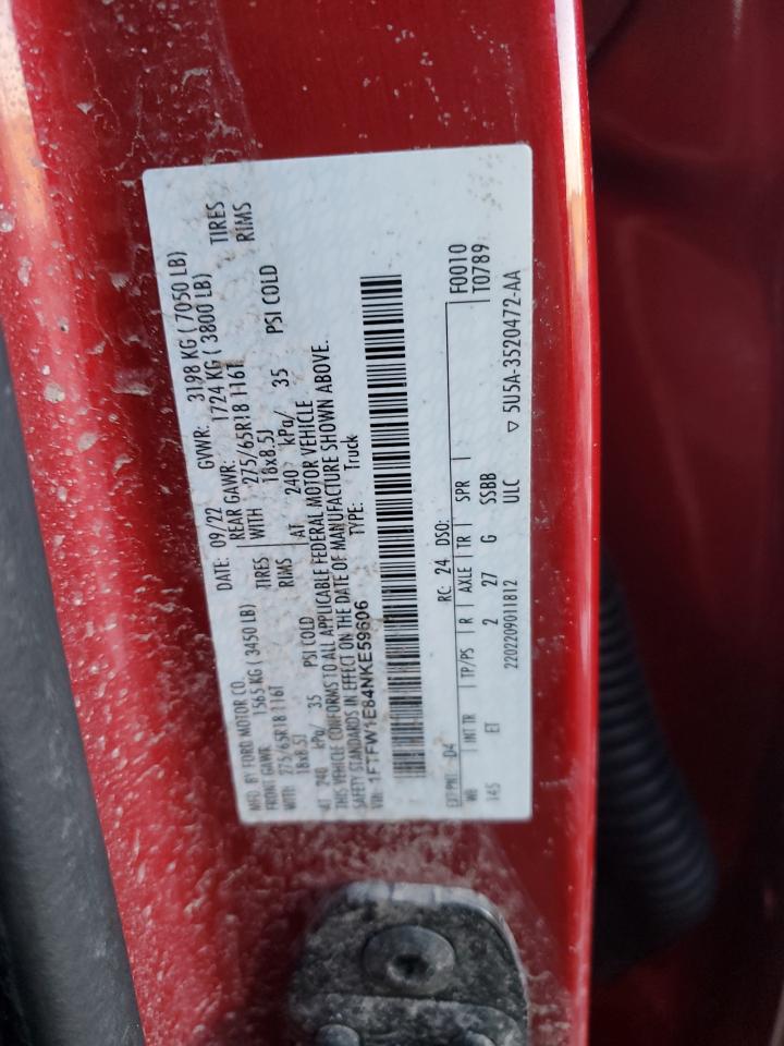 2022 FORD F150 SUPERCREW VIN:1FTFW1E84NKE59606