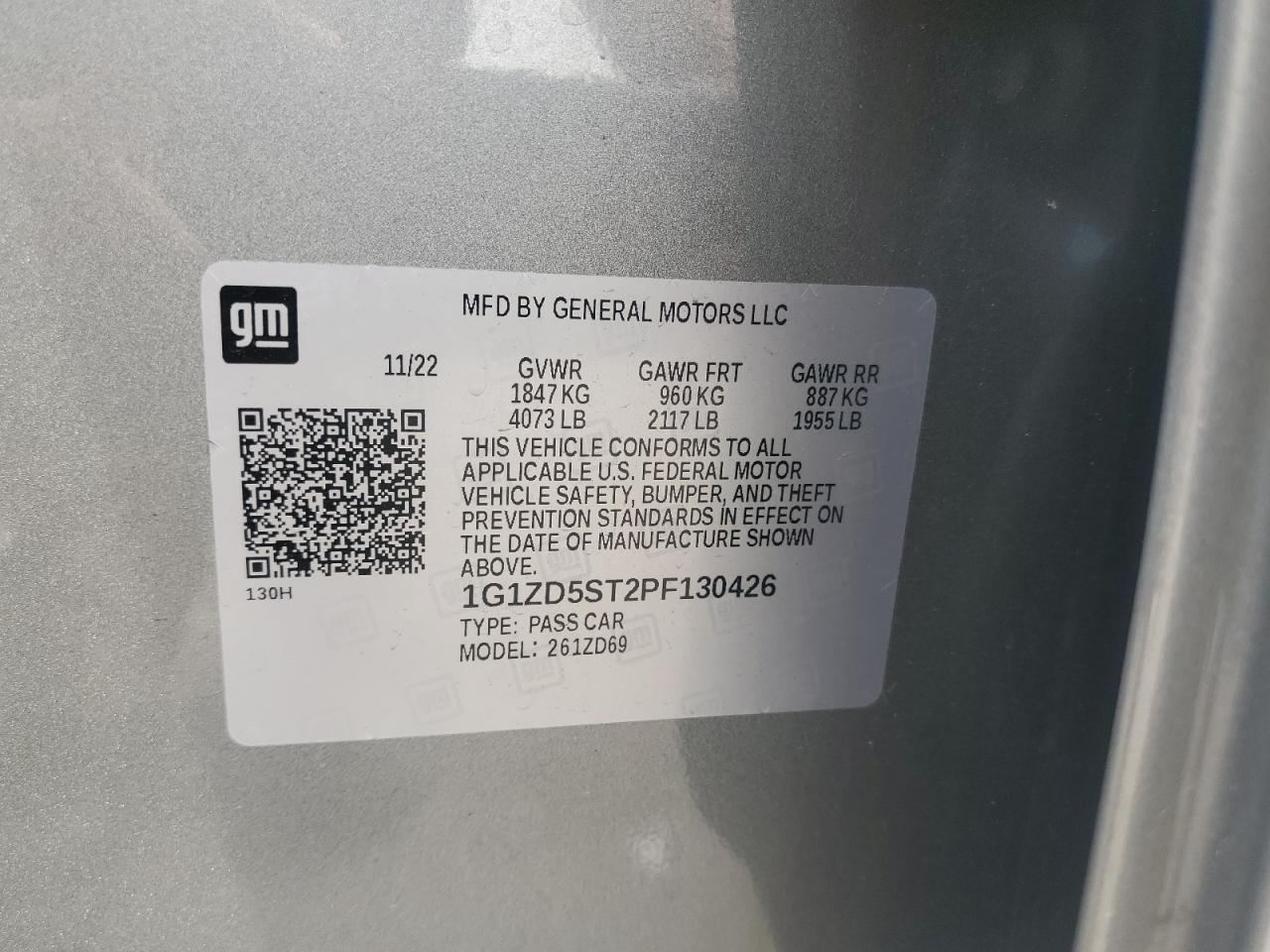 2023 CHEVROLET MALIBU LT VIN:1G1ZD5ST2PF130426