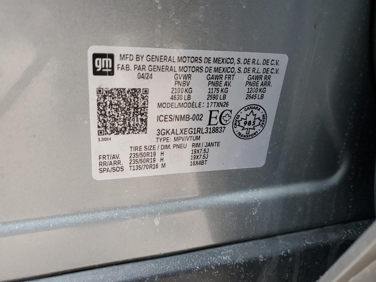 2024 GMC TERRAIN DENALI VIN:3GKALXEG1RL318837