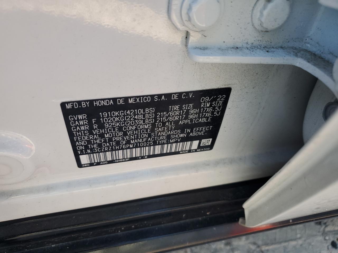 2023 HONDA HR-V EXL VIN:3CZRZ1H76PM710025