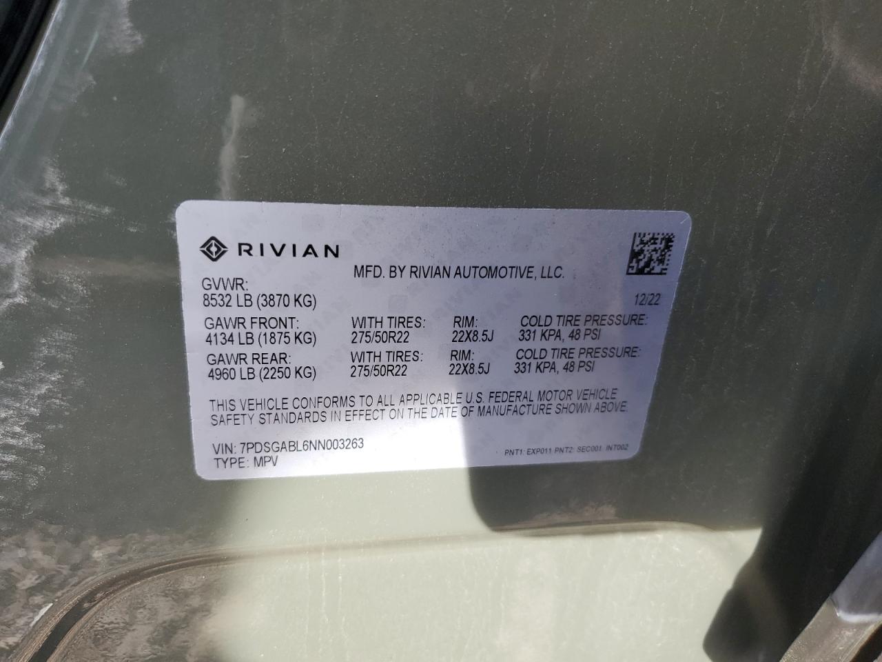 2022 RIVIAN R1S LAUNCH EDITION VIN:7PDSGABL6NN003263