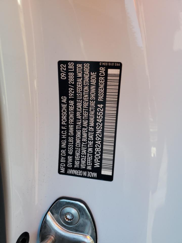 2022 PORSCHE 911 CARRERA S VIN:WP0CB2A92NS245524