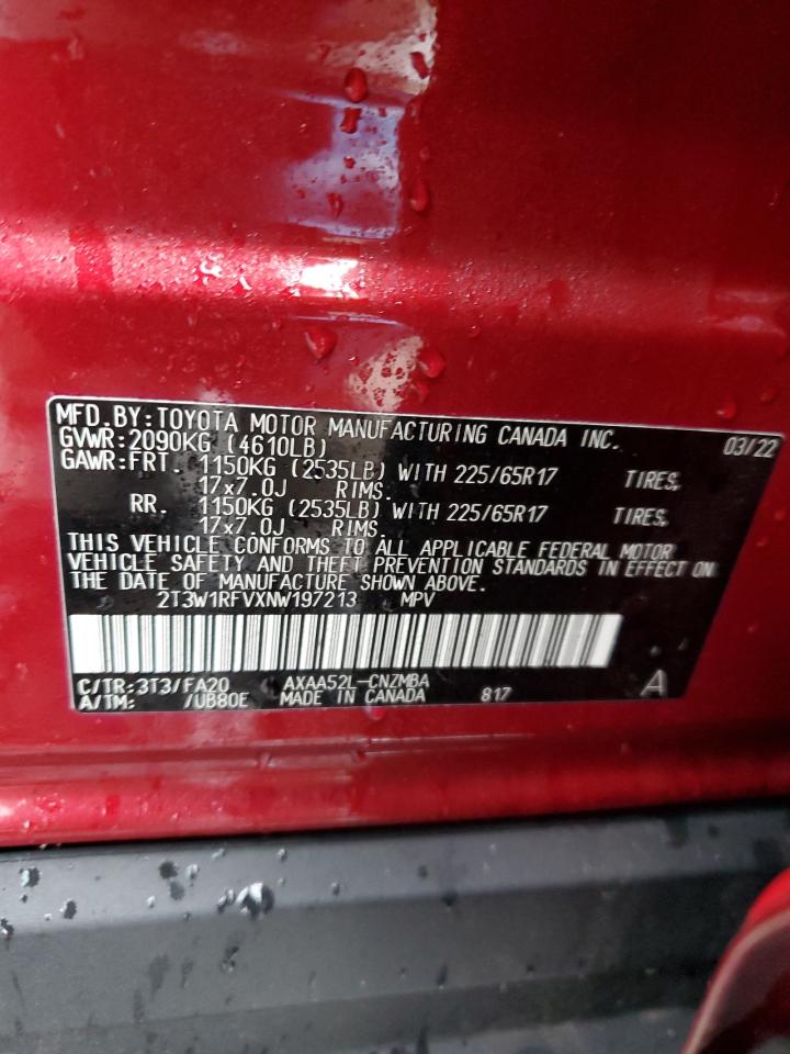 2022 TOYOTA RAV4 XLE VIN:2T3W1RFVXNW197213