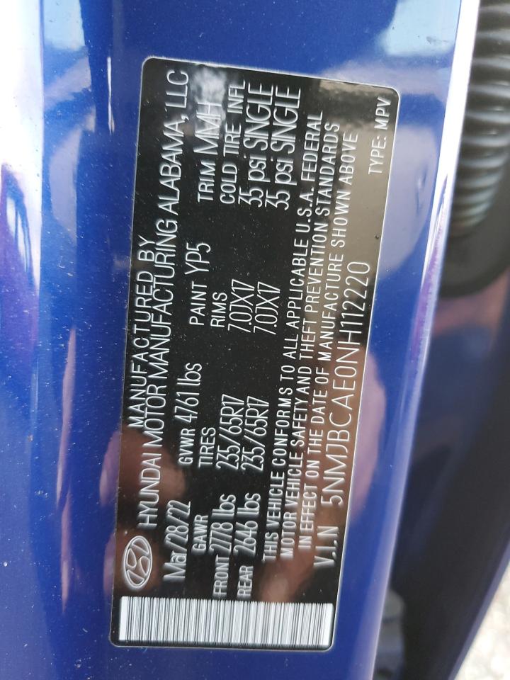 2022 HYUNDAI TUCSON SEL VIN:5NMJBCAE0NH112220