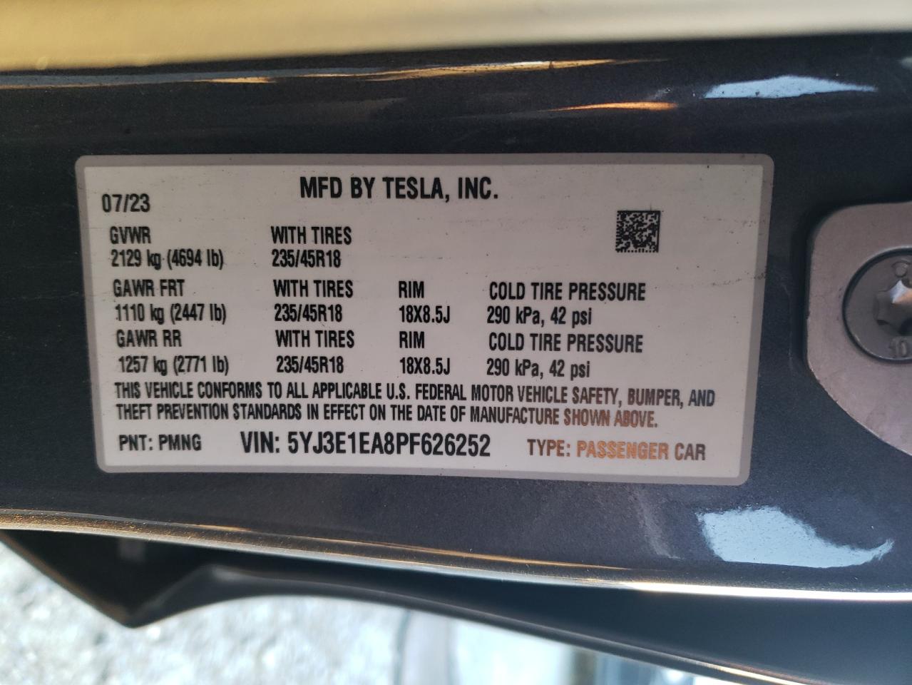 2023 TESLA MODEL 3  VIN:5YJ3E1EA8PF626252