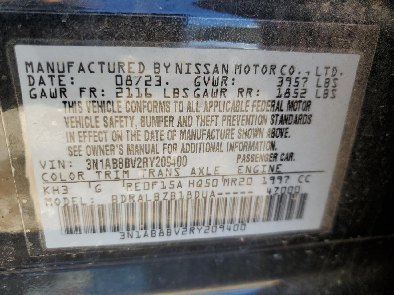 2024 NISSAN SENTRA S VIN:3N1AB8BV2RY209400
