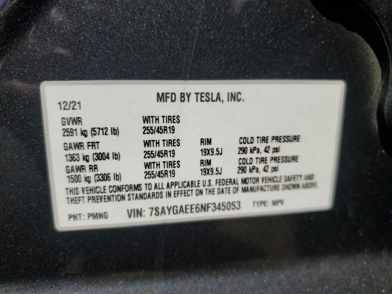 2022 TESLA MODEL Y  VIN:7SAYGAEE6NF345053