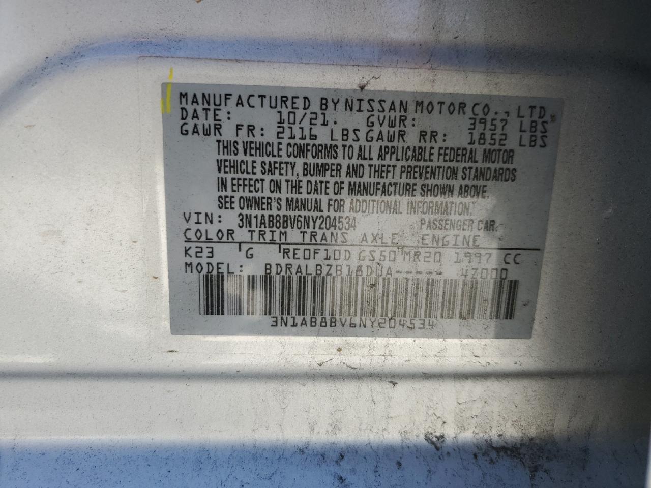 2022 NISSAN SENTRA S VIN:3N1AB8BV6NY204534