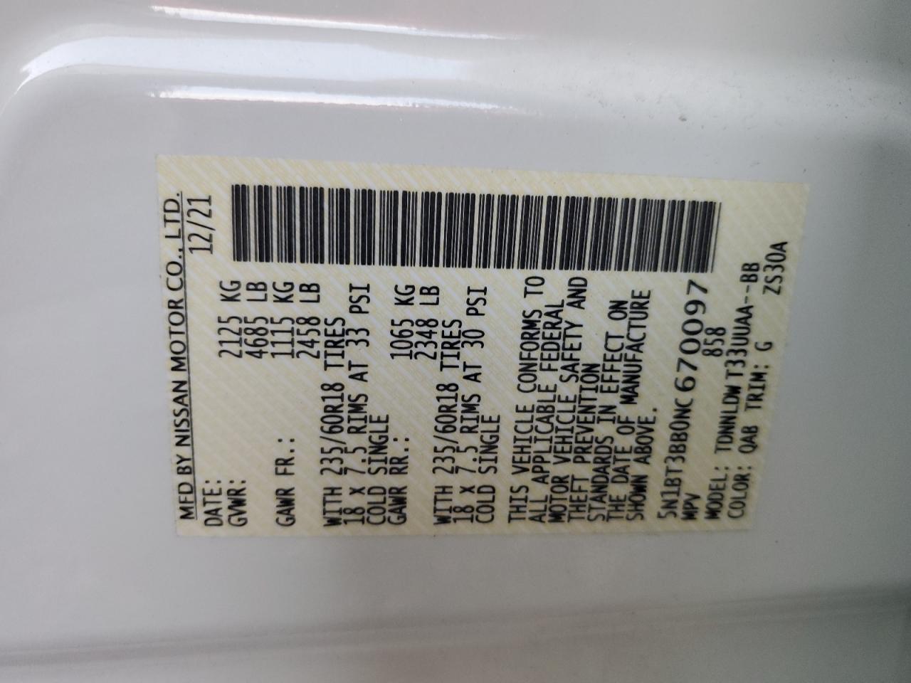 2022 NISSAN ROGUE SV VIN:5N1BT3BB0NC670097