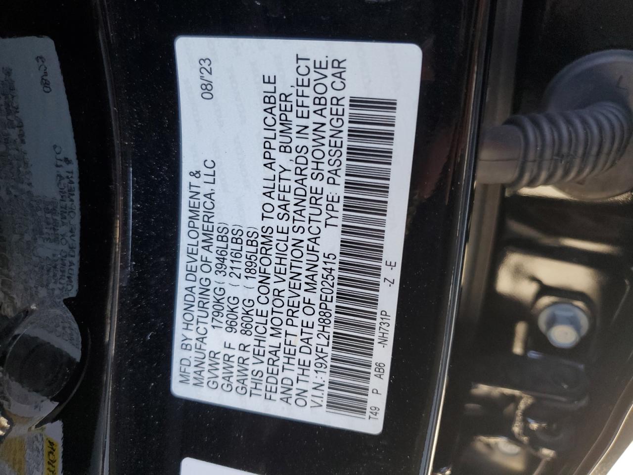 2023 HONDA CIVIC SPORT VIN:19XFL2H88PE025415