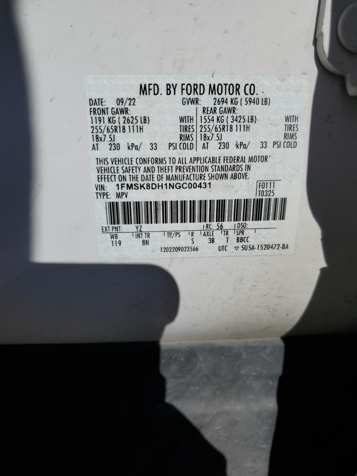 2022 FORD EXPLORER XLT VIN:1FMSK8DH1NGC00431