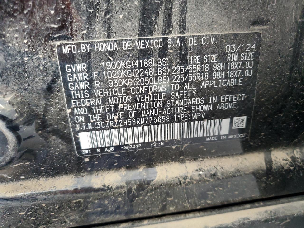 2024 HONDA HR-V SPORT VIN:3CZRZ2H58RM775658