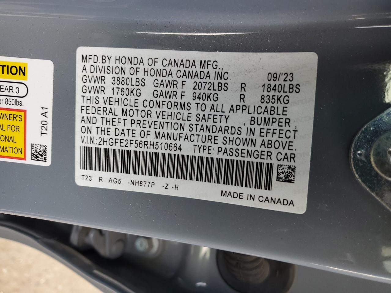 2024 HONDA CIVIC SPORT VIN:2HGFE2F56RH510664