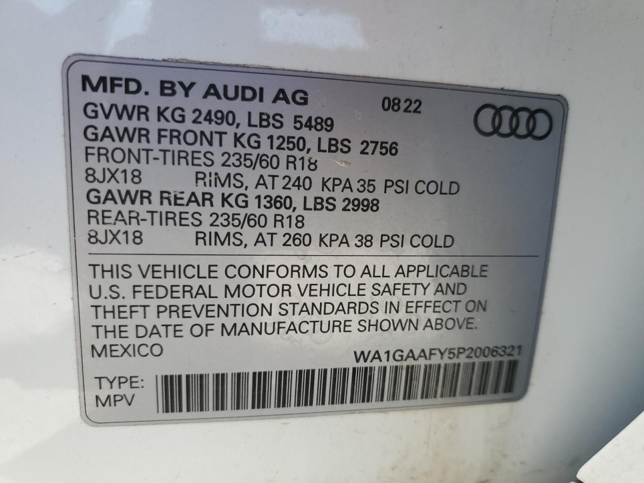 2023 AUDI Q5 PREMIUM 45 VIN:WA1GAAFY5P2006321