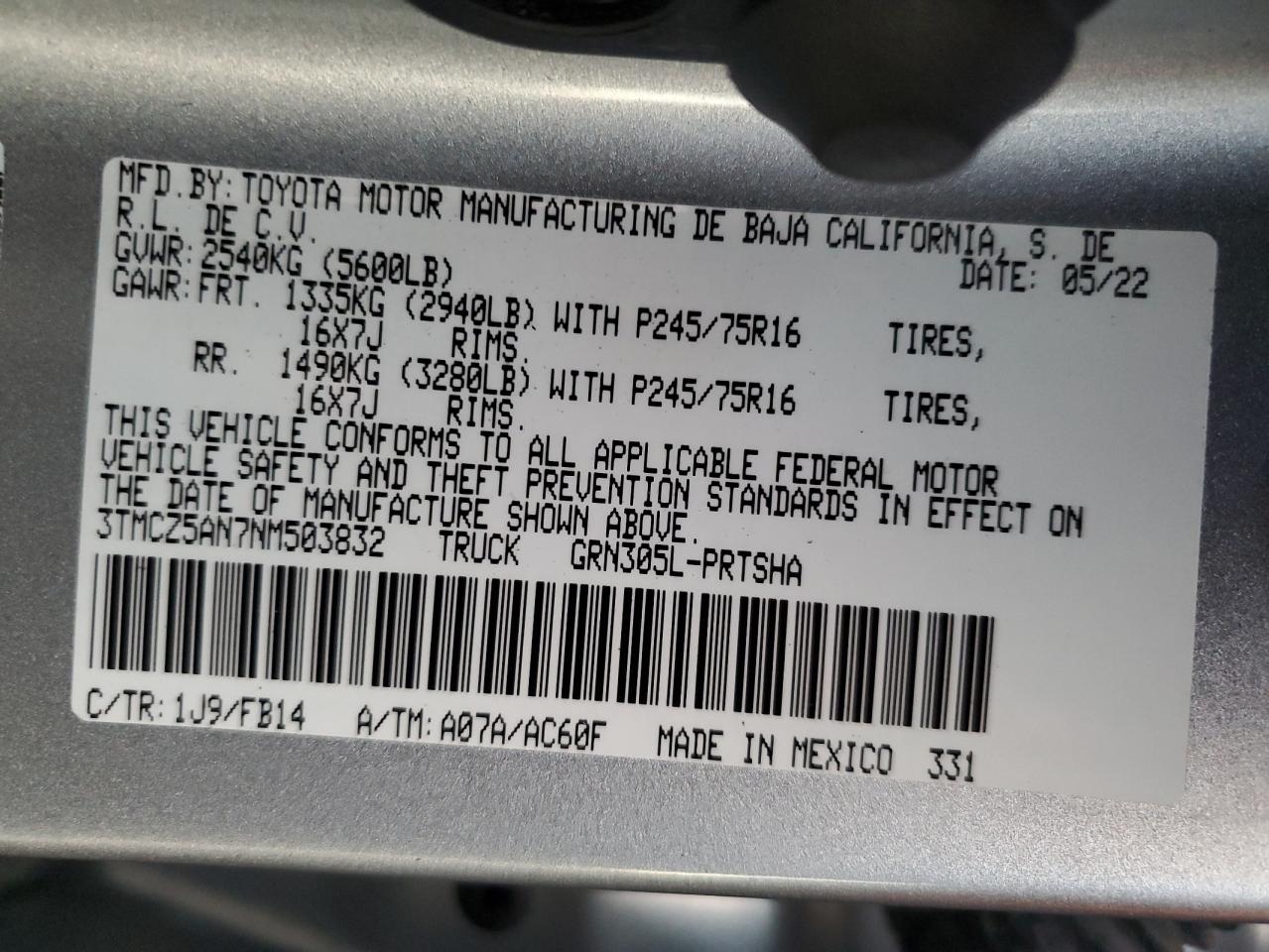 2022 TOYOTA TACOMA DOUBLE CAB VIN:3TMCZ5AN7NM503832