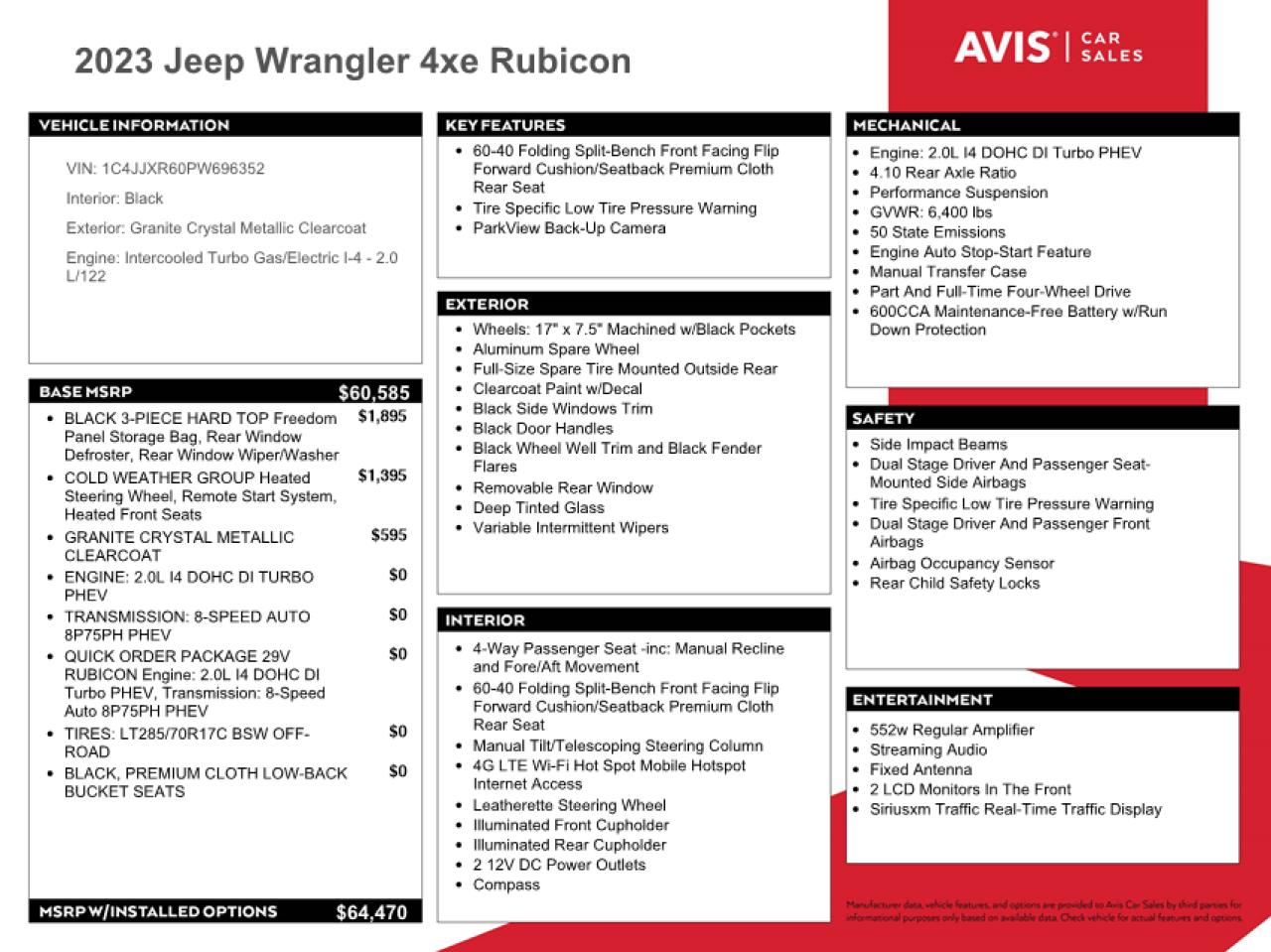 2023 JEEP WRANGLER RUBICON 4XE VIN:1C4JJXR60PW696352