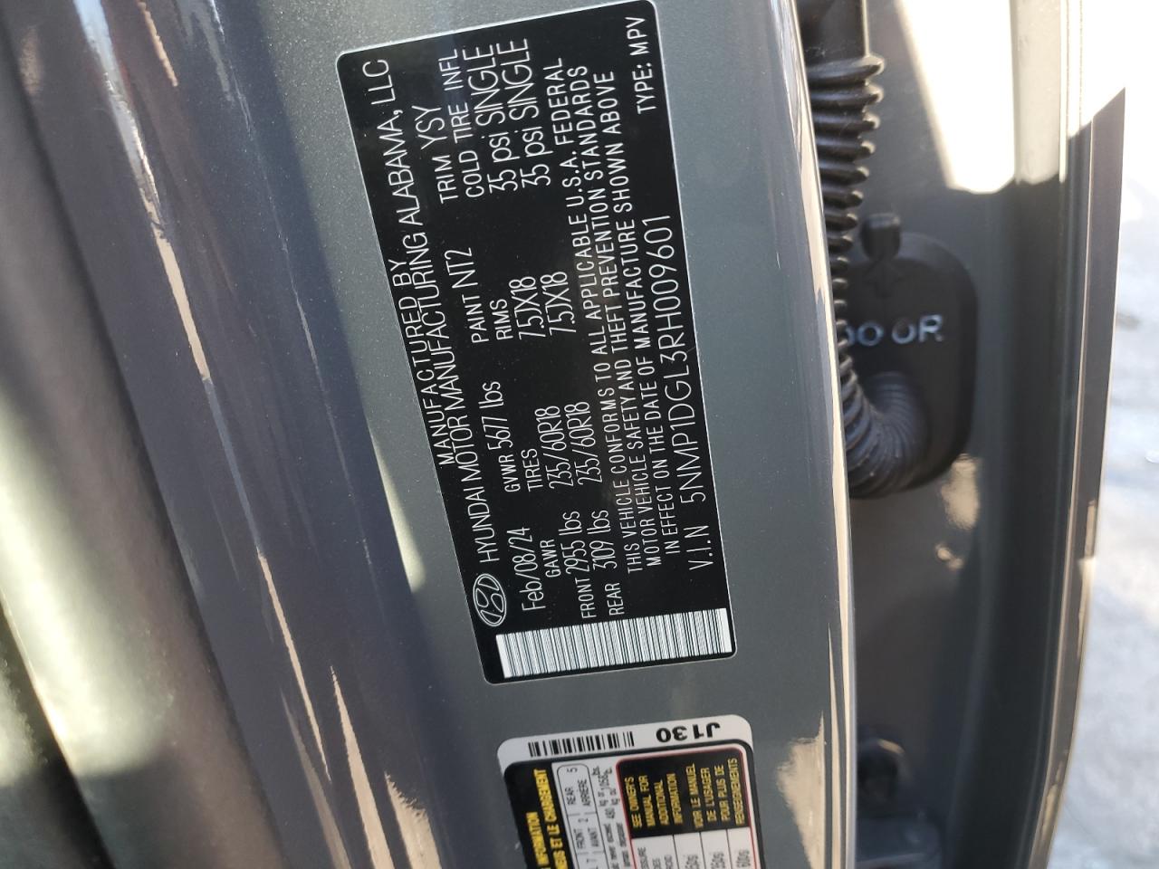 2024 HYUNDAI SANTA FE SE VIN:5NMP1DGL3RH009601