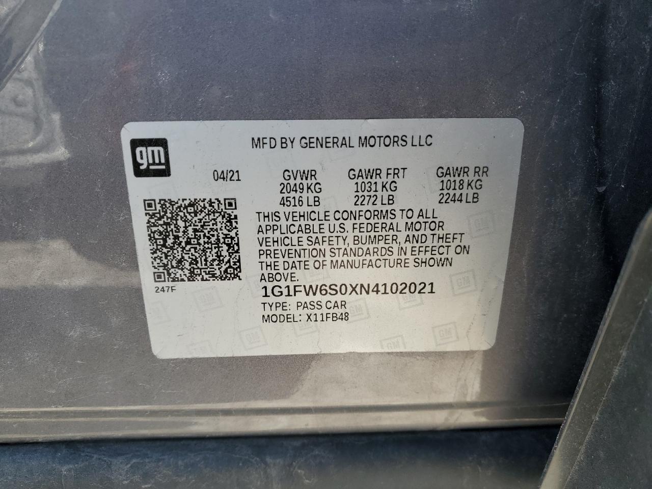 2022 CHEVROLET BOLT EV 1LT VIN:1G1FW6S0XN4102021