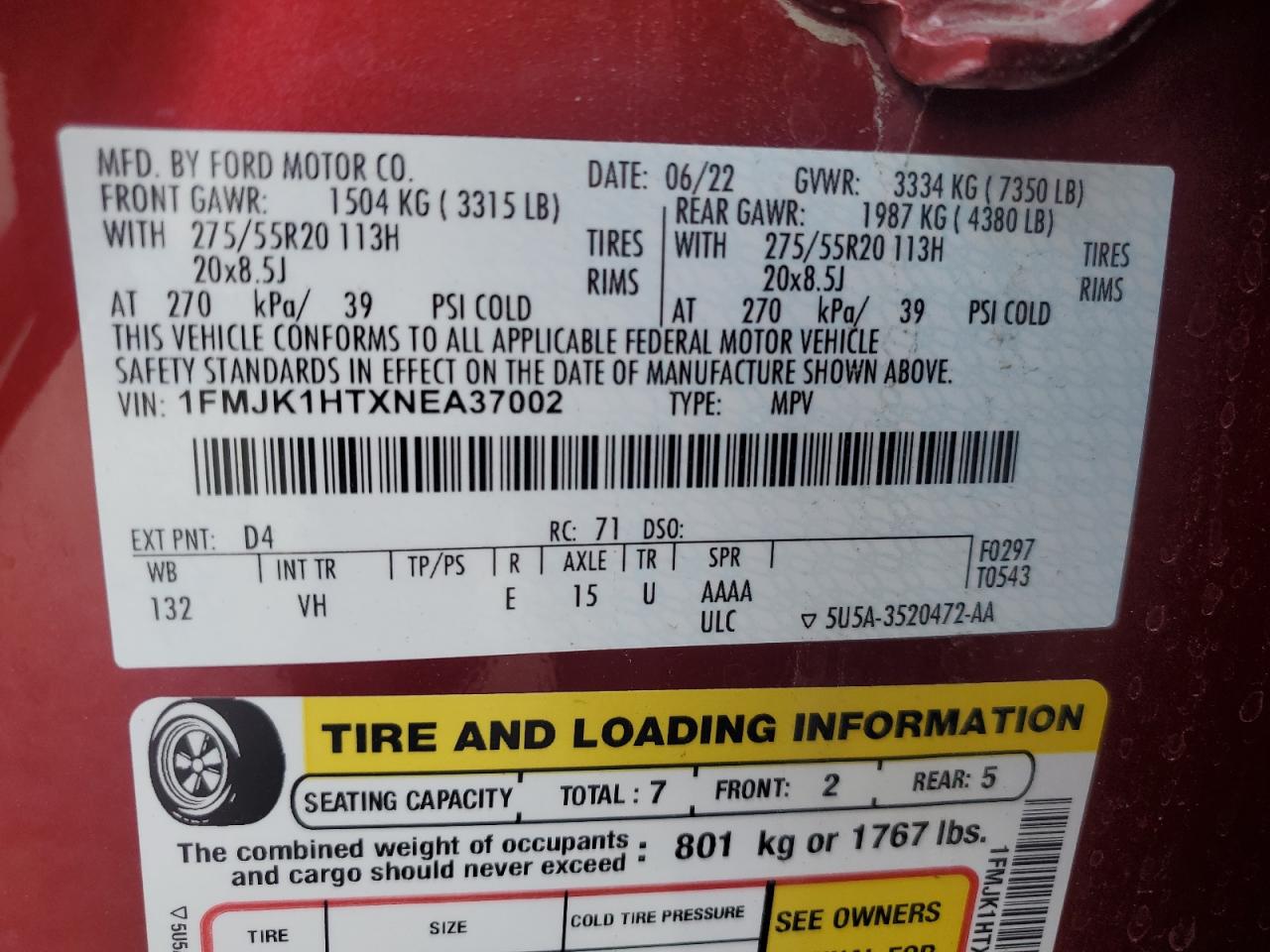 2022 FORD EXPEDITION MAX XLT VIN:1FMJK1HTXNEA37002