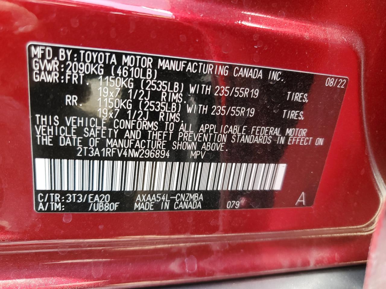 2022 TOYOTA RAV4 XLE PREMIUM VIN:2T3A1RFV4NW296894