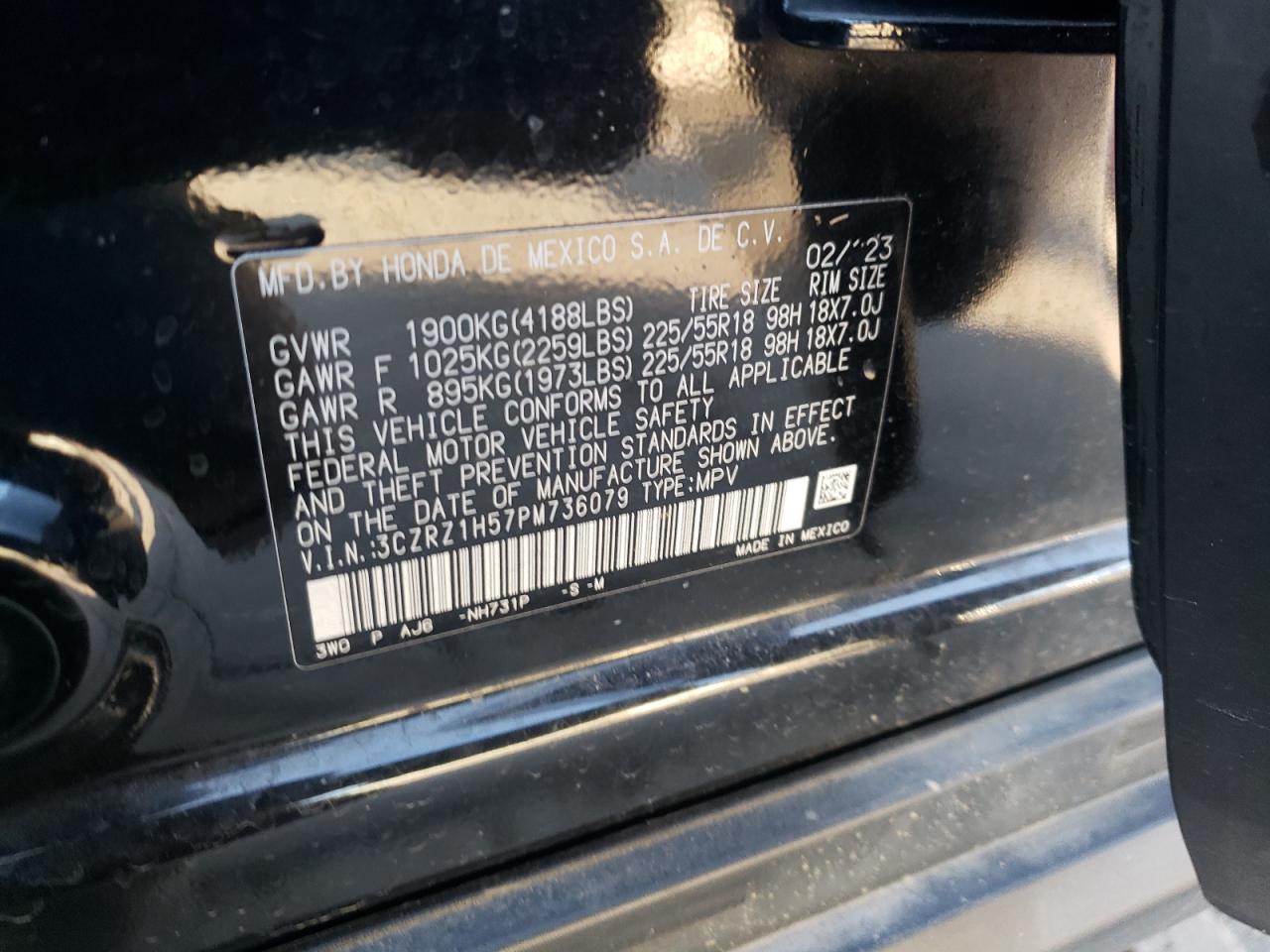 2023 HONDA HR-V SPORT VIN:3CZRZ1H57PM736079
