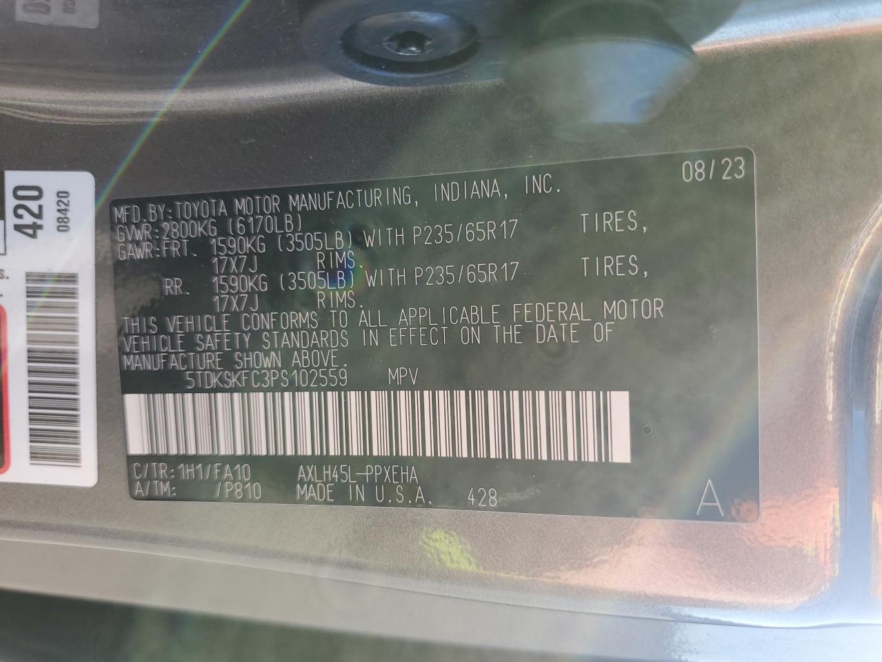 2023 TOYOTA SIENNA LE VIN:5TDKSKFC3PS102559