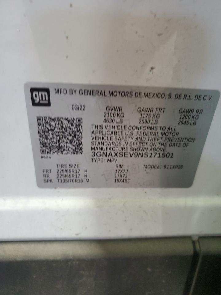 2022 CHEVROLET EQUINOX LS VIN:3GNAXSEV9NS171501