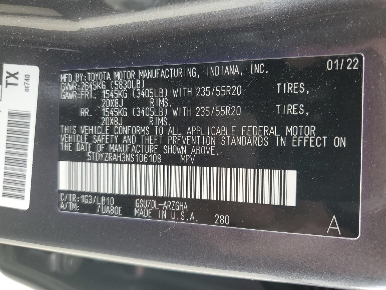 2022 TOYOTA HIGHLANDER LIMITED VIN:5TDYZRAH3NS106108