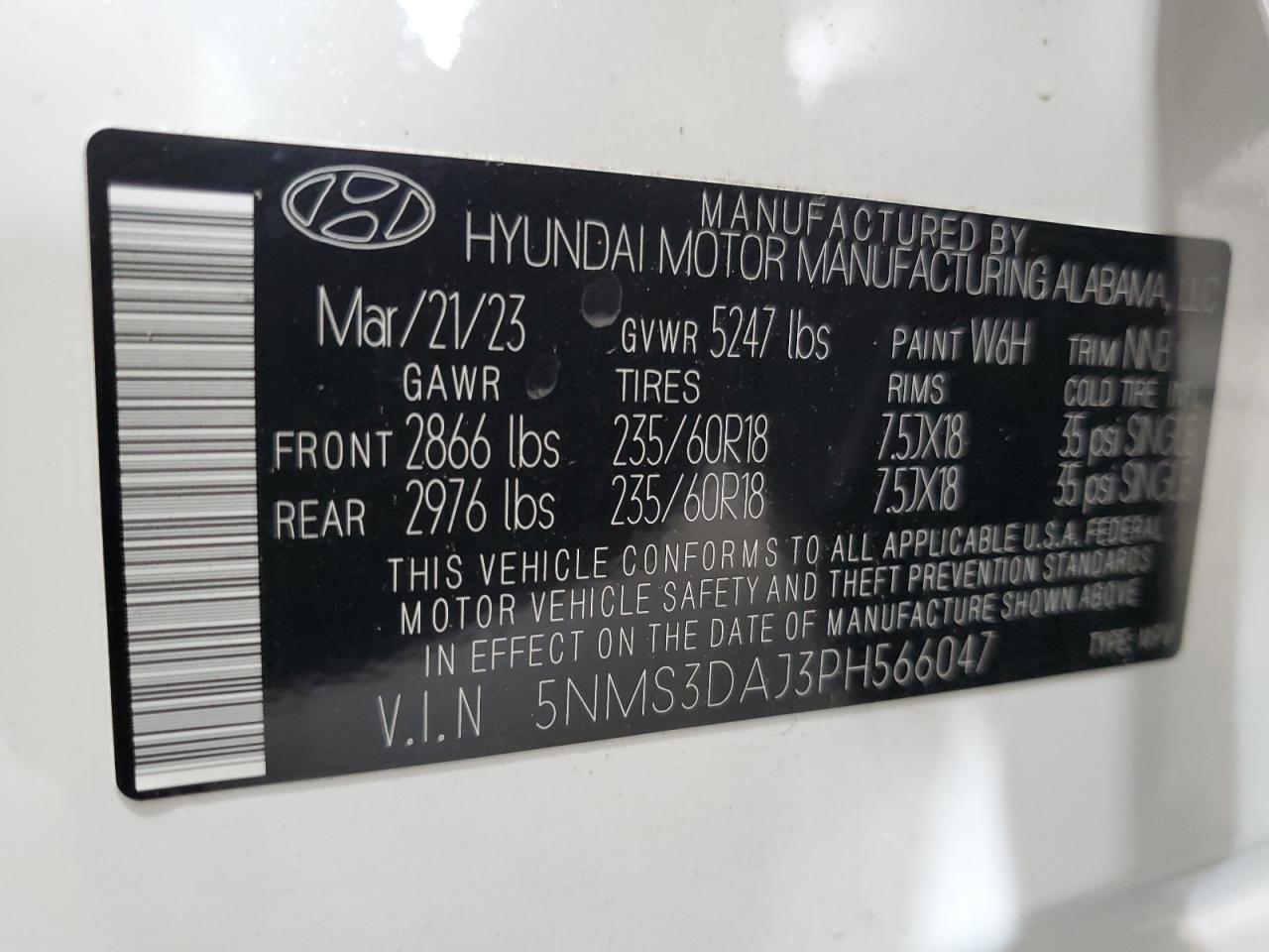 2023 HYUNDAI SANTA FE SEL PREMIUM VIN:5NMS3DAJ3PH566047