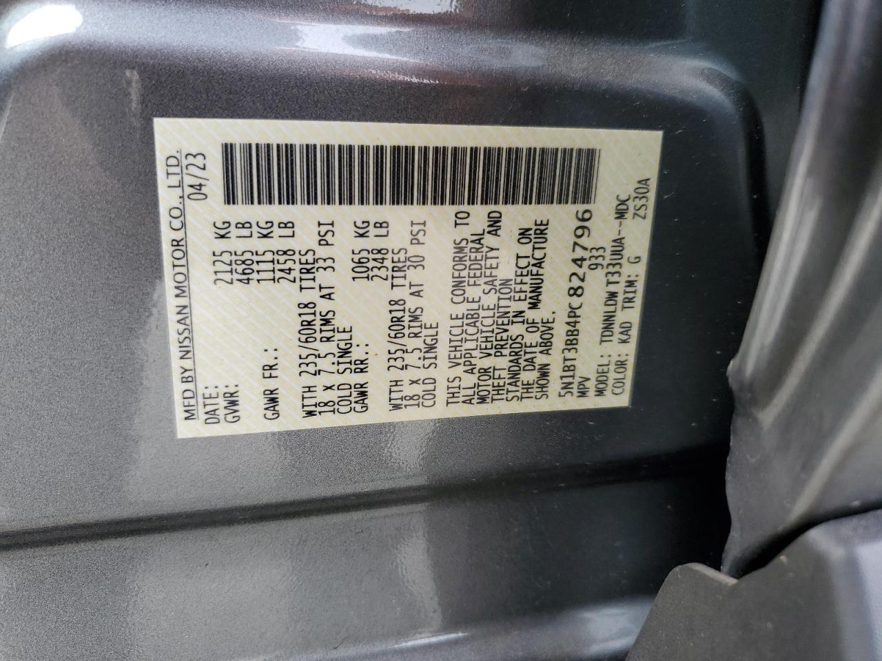 2023 NISSAN ROGUE SV VIN:5N1BT3BB4PC824796