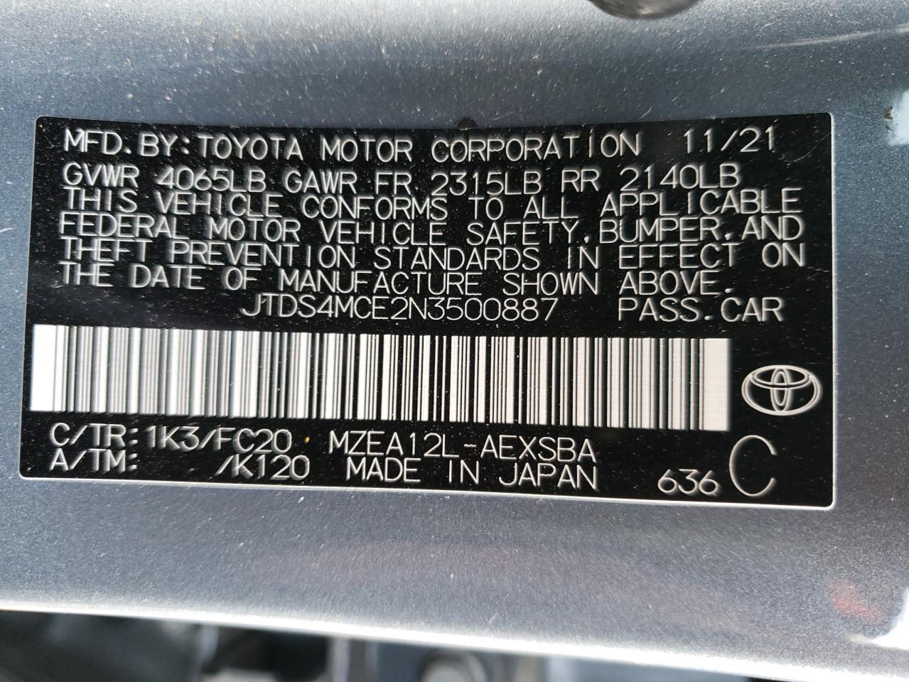 2022 TOYOTA COROLLA SE VIN:JTDS4MCE2N3500887