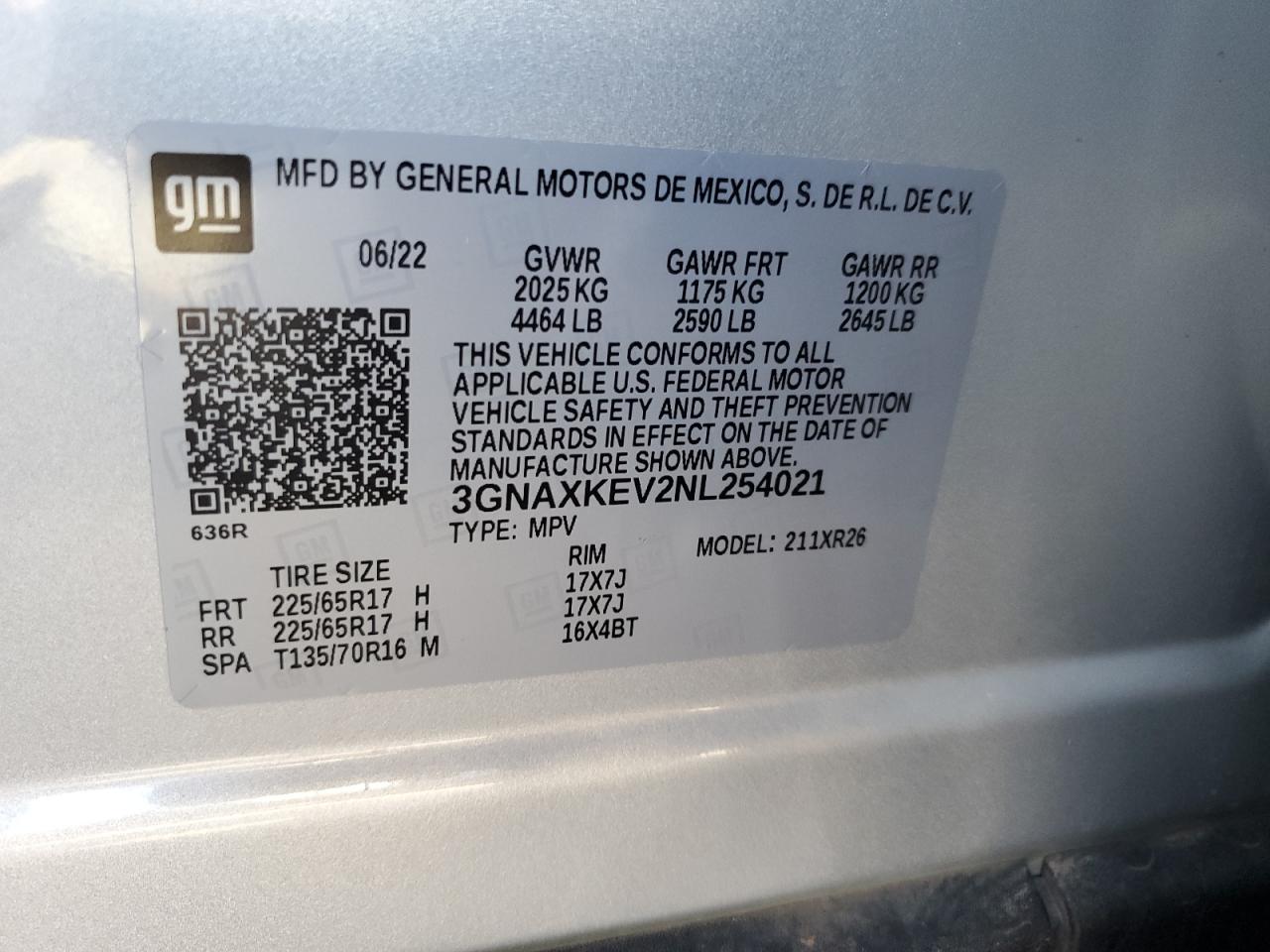 2022 CHEVROLET EQUINOX LT VIN:3GNAXKEV2NL254021