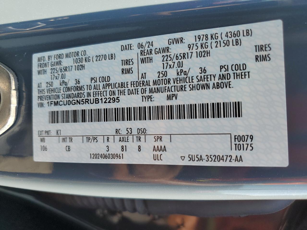 2024 FORD ESCAPE ACTIVE VIN:1FMCU0GN5RUB12295