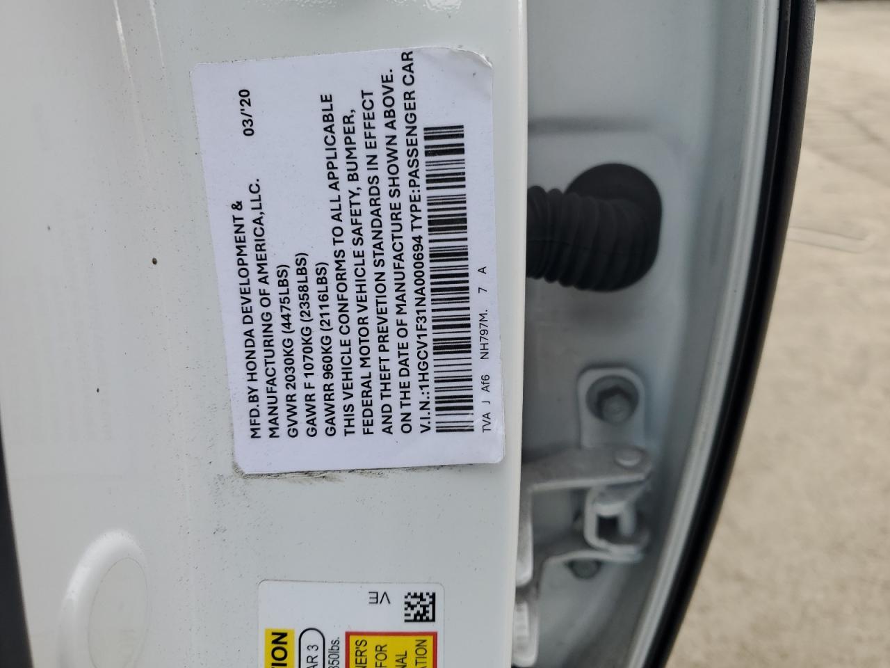 2022 HONDA ACCORD SPORT VIN:1HGCV1F31NA000694