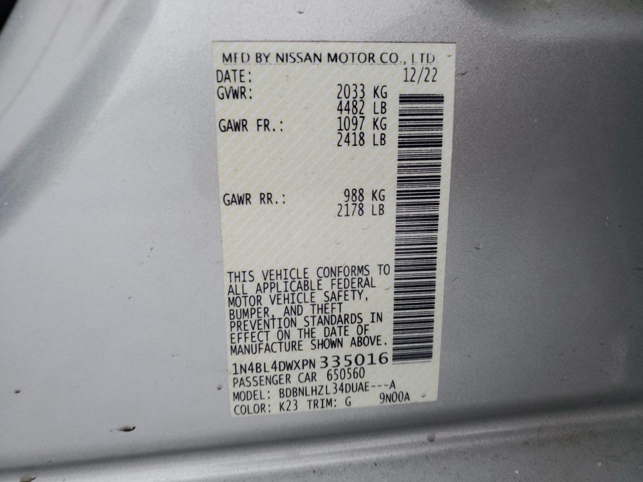 2023 NISSAN ALTIMA SV VIN:1N4BL4DWXPN335016