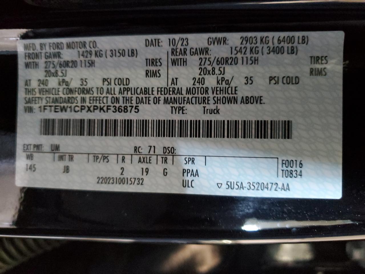2023 FORD F150 SUPERCREW VIN:1FTEW1CPXPKF36875