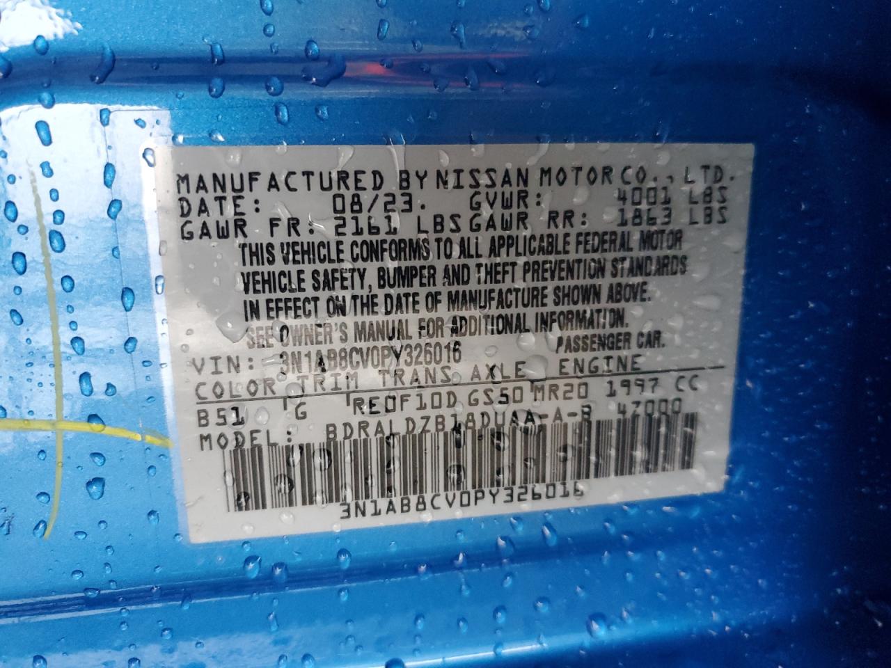2023 NISSAN SENTRA SV VIN:3N1AB8CV0PY326016